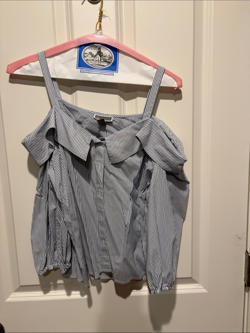 Chelsea28 Blue and White Striped Off-Shoulder Button-Front Blouse